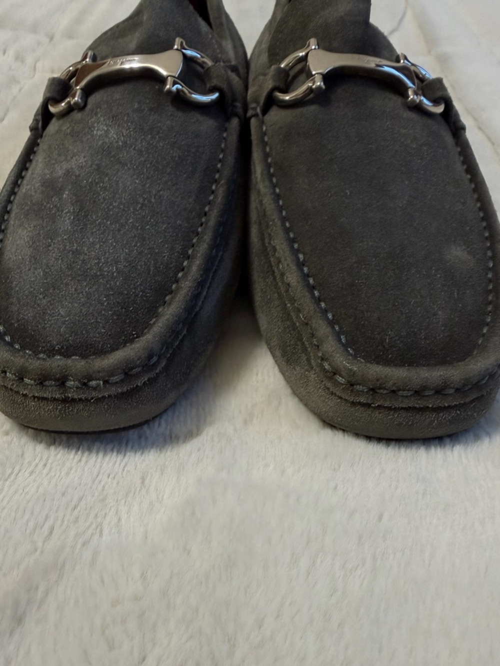 $850 Salvatore Ferragamo Gancini Ornament Bit Suede Driving Loafers Gray 10 11 - Picture 7 of 16